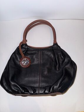 Brighton Black Leather Shoulder Bag with Brown Trim